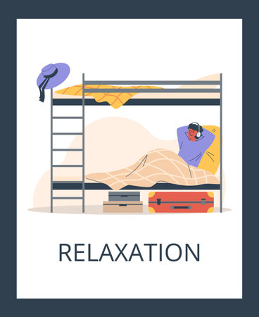 Poster or vertical banner with woman resting on bunk bed flat styleのイラスト素材