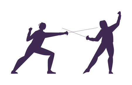 Vector isolated silhouette of Fencing players illustration on white background, Fencing duel competition event, fightingのイラスト素材