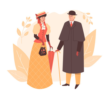 Happy victorian man and woman walking together flat style, vector illustrationのイラスト素材