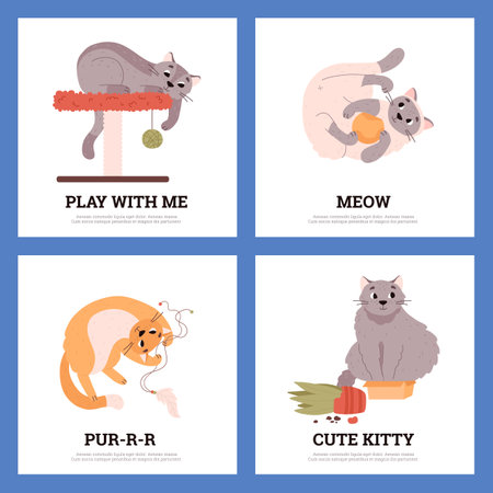 Set of squared banners with funny playing cats flat styleのイラスト素材