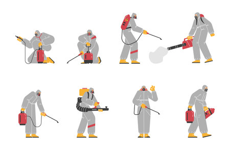 Set of pest control specialists flat style, vector illustrationのイラスト素材