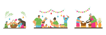 People celebrating Easter, happy family - flat vector illustration isolated on white background.のイラスト素材