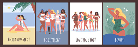 Set of posters or vertical banners with women in swimsuits flat styleのイラスト素材