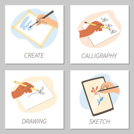 Set of squared banners with human hands holding brushes and pencils flat styleの写真素材