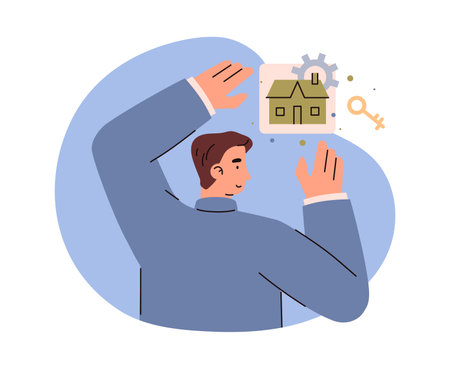 Realtor man promoting house, putting ads on wall, flat vector illustration isolated on white background.のイラスト素材