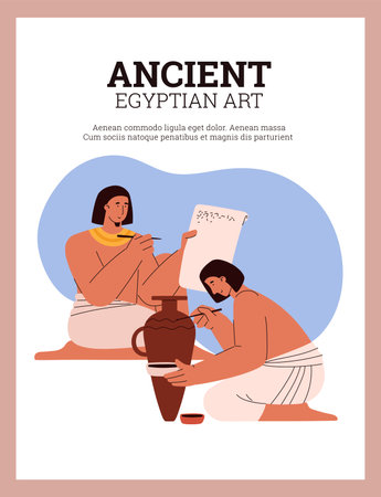 Egyptian men in national white dresses writing letter and painting an earthen jar, ancient education art vector posterのイラスト素材