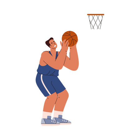 Basketball player man little sat down to throw the ball into the ring, aim, cartoon sport vector isolated illustrationのイラスト素材