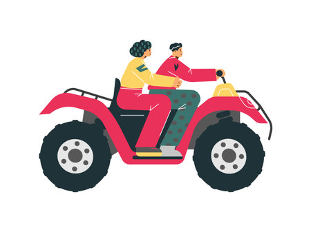 Red Quad bike with people, Four-wheeled quadrocycle, ATV off-road transport, extreme sport vector flat illustrationのイラスト素材