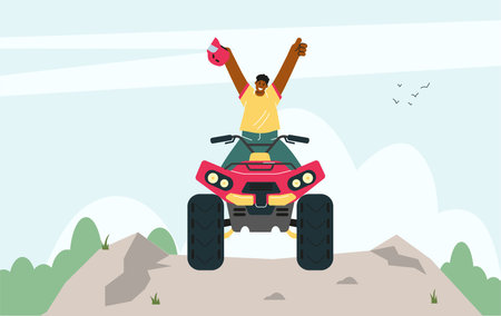 Red quad bike with black man raised hands, took off helmet off-road driving on the mountain vector cartoon illustrationのイラスト素材