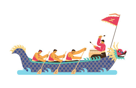 Dragon boat chinese festival, long boat with dragon body, flag, vector asian men are rowing, the drummer is beating drumのイラスト素材