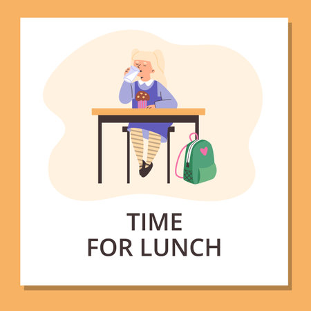 Vector cartoon poster in orange frame with cute blonde girl sits at desk and snacks on cake with milk, school backpackのイラスト素材