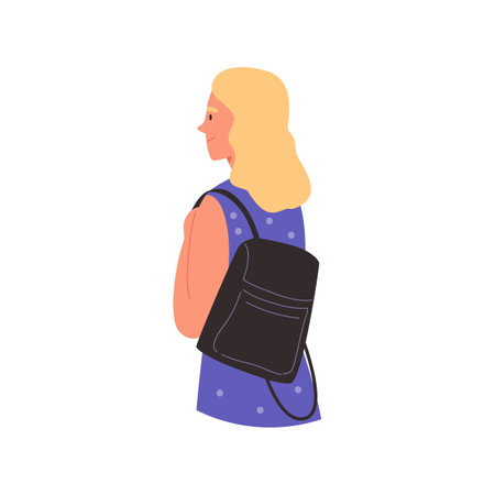 Smiling blonde woman with black backpack on one shoulder flat styleのイラスト素材