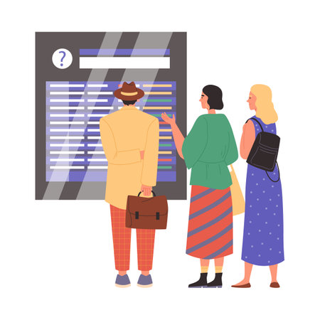 People looking at informational board in airport or train station, flat vector illustration isolated on white background.のイラスト素材