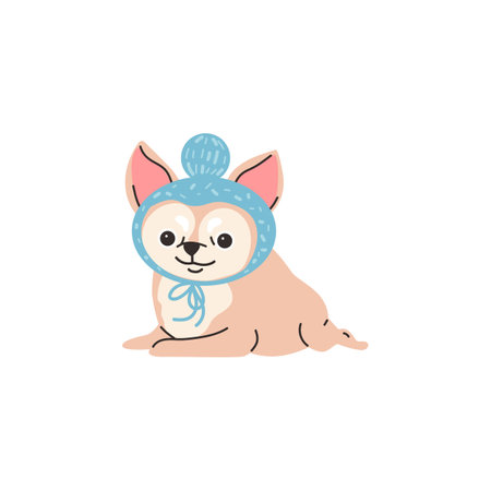 Funny lying chihuahua in cute blue hat with pompon flat styleのイラスト素材