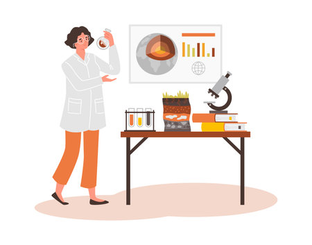 Geologist analyzing soil levels and composition, scientist woman in laboratory cartoon vector isolated illustrationのイラスト素材