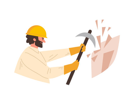 Man working with pickaxe, vector cartoon archaeologist or geologist in yellow protective helmet does excavationのイラスト素材