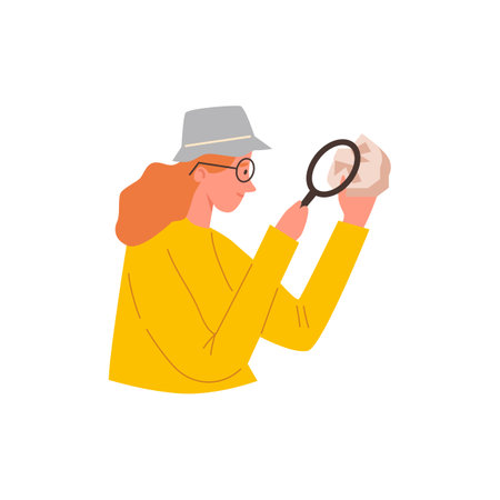 Smiling woman in hat examining stone through magnifying glass flat styleのイラスト素材