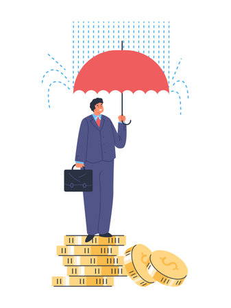 Businessman stands on coins under umbrella in the rain, success protection strategy in crisis storm vector illustrationのイラスト素材