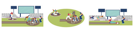 Set of scenes about baseball sport game flat style, vector illustrationのイラスト素材