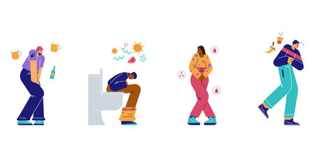 People experience the urge to go to toilet, flat vector illustration isolated.のイラスト素材