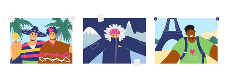 Pictures with peopleâ€™s selfies, tourists taking photos - flat vector illustration isolated on...