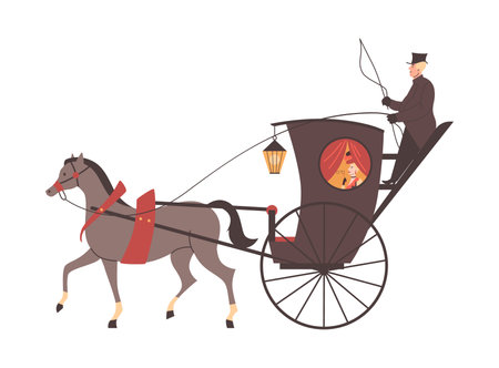 Vintage Victorian era carriage with horse, flat vector illustration isolated.のイラスト素材