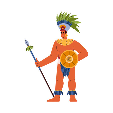 Maya civilization warrior with shield and spear, flat vector illustration isolated on white background.のイラスト素材