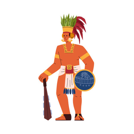 Maya male warrior in traditional ethnic clothes and feather headdress standing with club and shield vector illustrationのイラスト素材