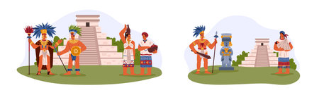 People of Maya civilization worshiping gods of nature, flat vector illustration isolated on white background.のイラスト素材