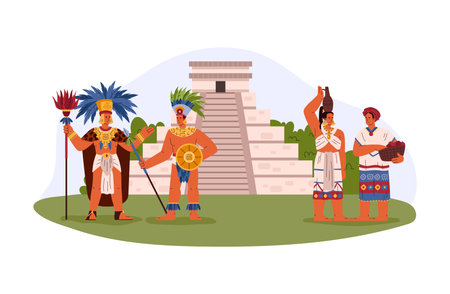 Maya tribal leader, warrior with weapon and women in traditional ethnic clothes near the pyramid vector illustrationのイラスト素材