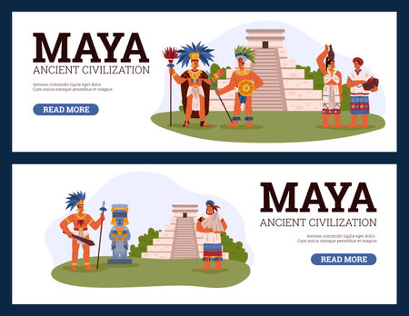 Maya tribal leader, warrior, women in ethnic costume near the pyramid, vector flyers set of Maya ancient civilizationのイラスト素材