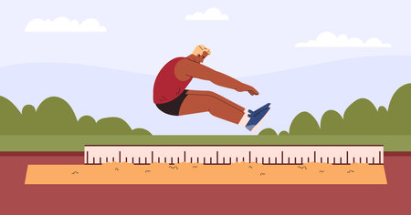 Man doing long jump on sand with ruler, flat vector illustration.のイラスト素材