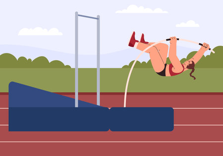 Woman jumping with pole over bar, flat vector illustration.のイラスト素材
