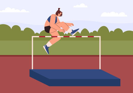 Woman doing high jump over bar, flat vector illustration.のイラスト素材
