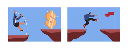 Business challenge, success strategy, risk concept, business woman and man jumping to achieve financial high results over the cliff. Big golden dollar vector illustrationのイラスト素材