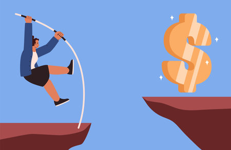Business risk challenge, success strategy, vector cartoon woman jumping with pole vault to achieve big golden dollar over the cliffのイラスト素材