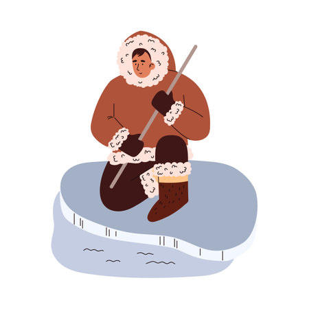 Eskimo sits on the ice and catches fish with fishing rod, north man gets food in arctic wild vector cartoon illustrationのイラスト素材