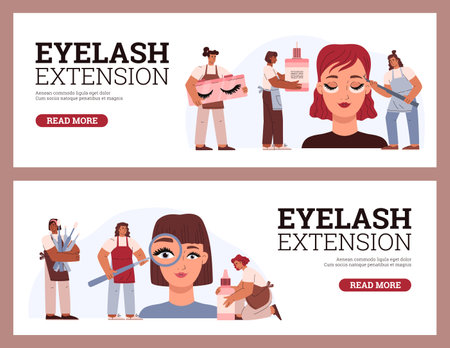Eyelash extension web banners set, flat vector illustration.のイラスト素材