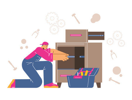 Man assembling furniture, flat vector illustration isolated on white background.のイラスト素材