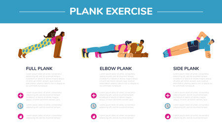 Plank exercise infographic banner, flat vector illustration on white background.のイラスト素材