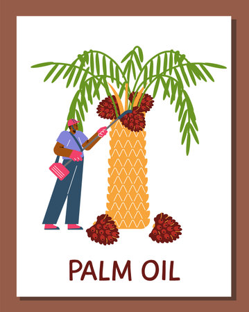 Poster or vertical banner with man harvesting palm oil fruits flat styleのイラスト素材