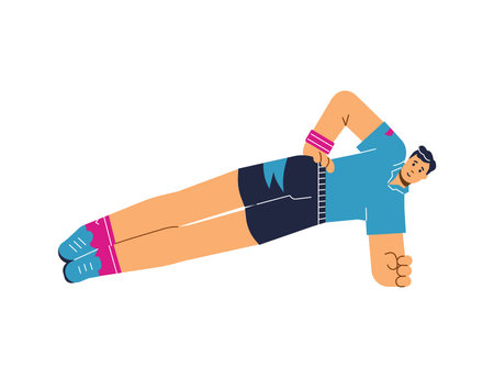 Smiling young man doing plank exercise standing sideways on one arm flat styleのイラスト素材