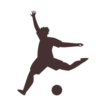 Silhouette of football player running and kicking ball, flat vector illustration isolated on white background.のイラスト素材