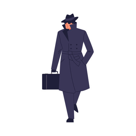 Secret agent with briefcase in sunglasses, hat and coat - flat vector illustration isolated on white background.のイラスト素材