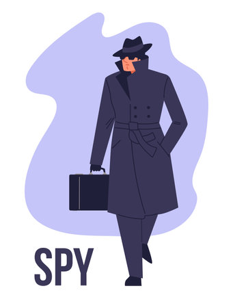 Mysterious spy with briefcase, wearing hat, coat and sunglasses, flat vector illustration on white background.のイラスト素材