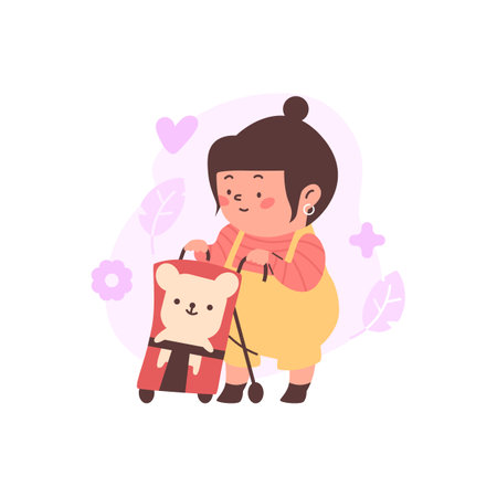 Baby carrying a stroller with toy teddy bear flat vector illustration isolated.のイラスト素材