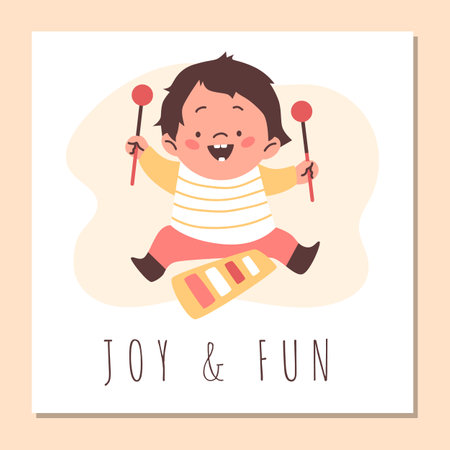 Cheerful toddler sitting and playing with a xylophone, baby playing toys, have fun, childhood education vector posterのイラスト素材