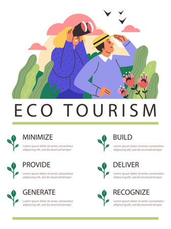 People enjoy wild nature view, woman looks through binoculars and watches the birds, banner concept about eco tourismのイラスト素材