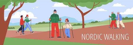 Diverse people nordic walking in park, flat vector illustration.のイラスト素材