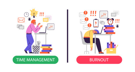 Comparison between good time management and burnout, flat vector illustration isolated on white background.のイラスト素材
